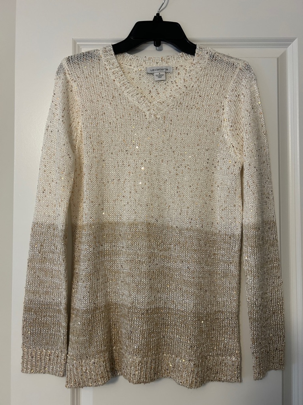 Liz Claiborne Cream and Tan Ombre Sequin V-Neck Sweater